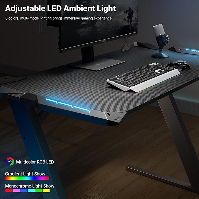 EUREKA ERGONOMIC Gaming Desk with LED Lights Home Office RGB Table Small Gaming Desk Computer Table Black