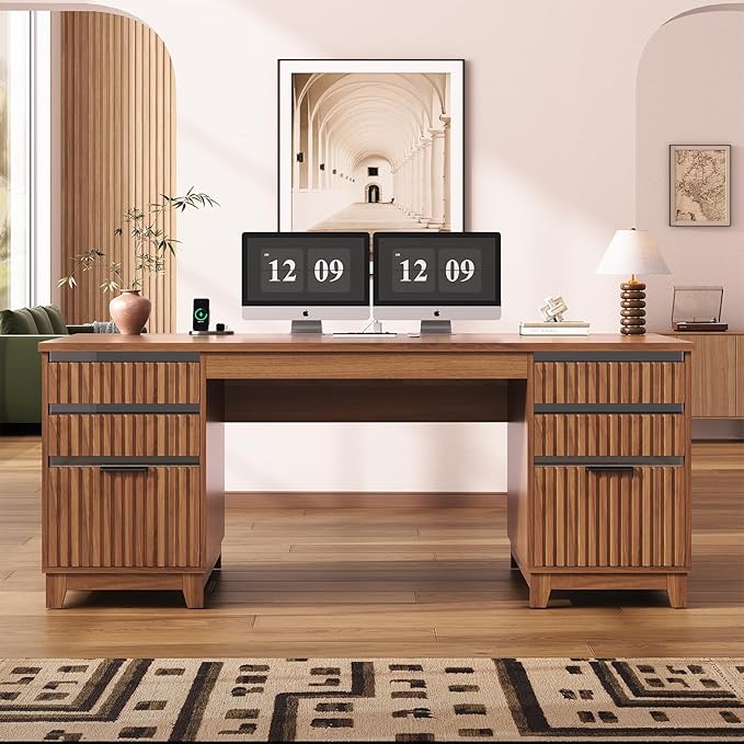SEDETA 55.1 Fluted Office Desk with 6 Drawers Modern Computer Desk with Acrylic File Drawers Executive Desk with Power outlets for Home Office and Study (Brown)