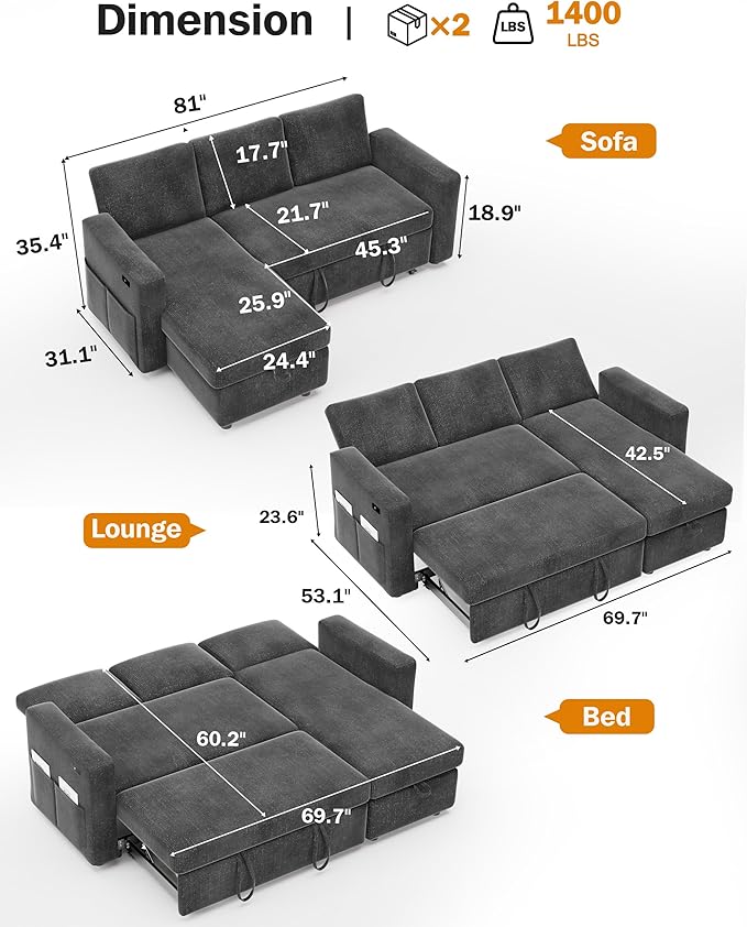 Vipbear 82 Sectional Sleeper Sofa with Pull Out Bed L Shaped Couch Sleeper Sofa Bed Pull Out Couch with Reclining Backrest Reversible Storage Chaise USB Ports Tool-Free Assembly Chenille Grey