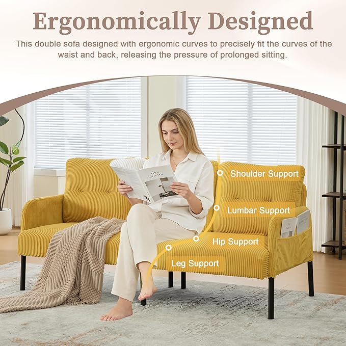 KEIKI 67 Corduroy Loveseat Sofa with Double Side Pockets &amp High Resilience Cushion Modern Style Upholstery Oversized 2-Seater Couch with Metal Legs Easy Assembly for Living Room Yellow