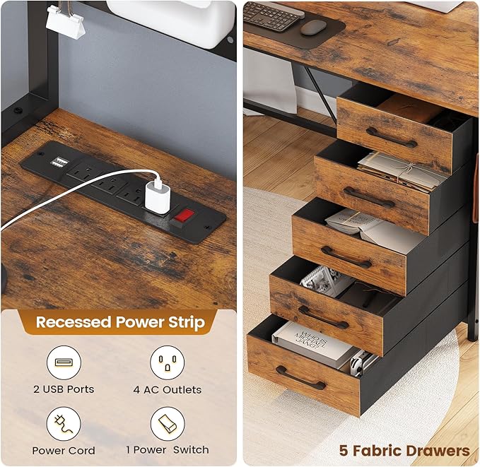 SEDETA L Shaped Gaming Desk with Drawers L Shaped Computer Desk with Hutch and Storage Shelves Gaming Desk with Pegboard Led Lights and Power Outlet Home Office Desk Corner Desk Rustic Brown