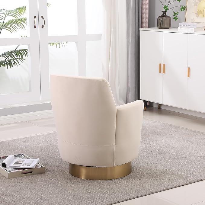 360° Swivel Barrel Accent Chair Comfy Round Accent Chairs with Gold Iron Base &amp Dual-Layer Cushion Modern Lounge Reading Armchair Upholstered Sofa Chair for Living Room Bedroom(Velvet Beige)