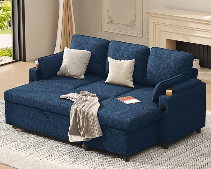 DURASPACE Sleeper Sofa Bed Pull Out Couch 2 in 1 Convertible Sofa Sleeper with Storage L Shaped Sectional Couch Bed for Small Spaces Living Room Bedroom Apartment (Blue)