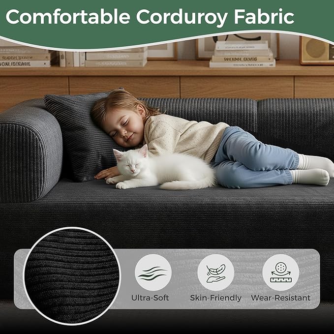 78.5'' Convertible Folding Sofa Bed – 4-in-1 Modular Floor Couch Corduroy Small Cloud Couch Compressed Foldable Sleeper Sofa King Size Futon for Bedroom Guest Room (Black-02)