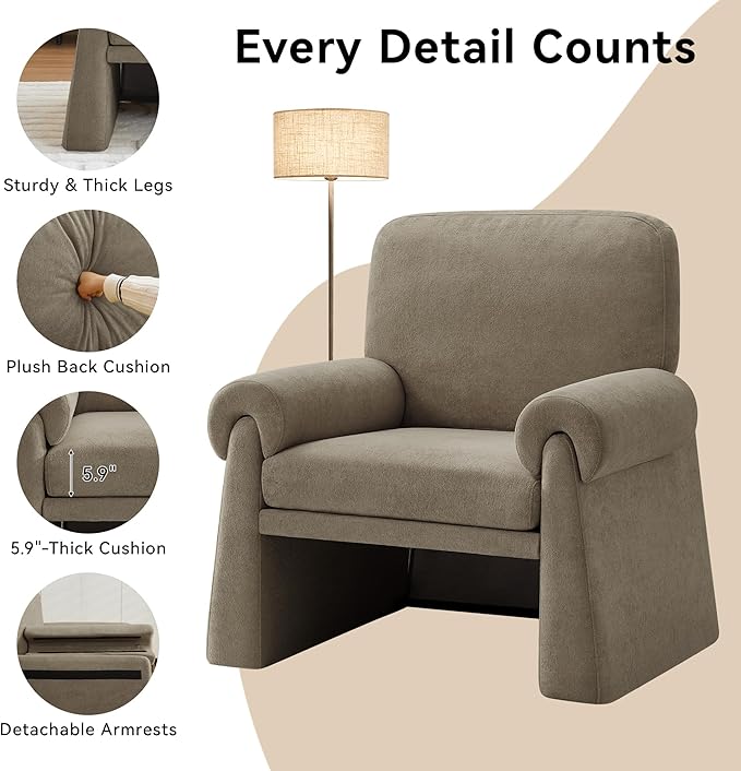 Oversized Accent Chair Comfy Living Room Chairs Single Sofa Chair with Thick Cushion and Armrests Upholstered Arm Chair for Living Room Modern Armchair Reading Chair for Bedroom Grey