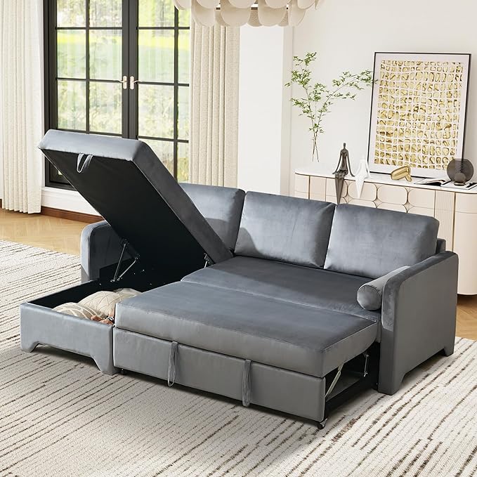 Tbfit 90.6'' 3 in 1 Sleeper Sofa Couch with Storage Chaise Velvet Sofa Bed with Pull Out Bed Convertible Sleeper Sofas for Living Room Small Spaces Grey