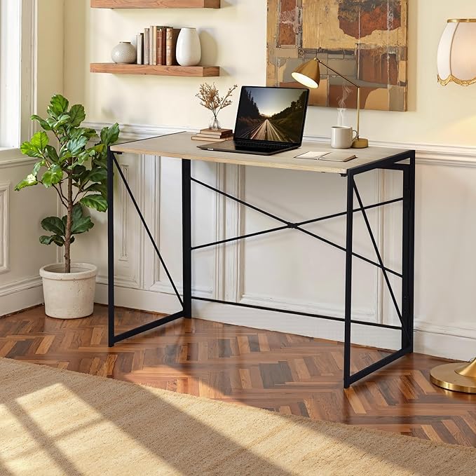 FurnitureR 39.4 Minimalist Laptop Desk Simple Computer Writing Desk with Sturdy Metal Frame Modern Foldable Workstation for Home Office Study or Small Spaces Oak