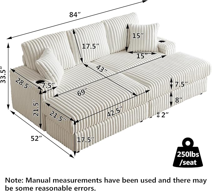 Aoowow 84 Corduroy Oversized 3-seater sofa with 2 Ottomans Modular Sectional Deep Seat Sofa with Back and Toss Pillows Modern Comfy Sofa with 2 Storage Spaces and Cup Grooves for Living Room Beige