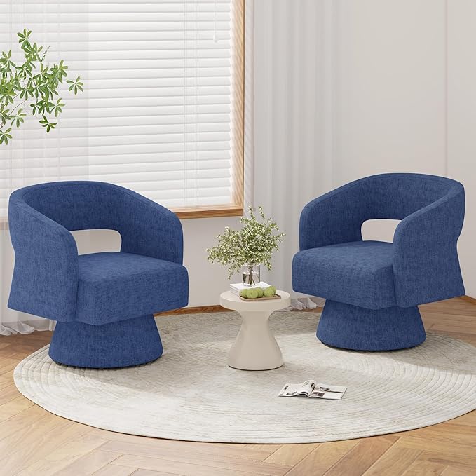 Swivel Barrel Accent ChairOversized Chenille Upholstered Round Swivel ChairModern Luxury 360 Degree Living Room Vanity Chair for Bedroom OfficeBlue2PCS