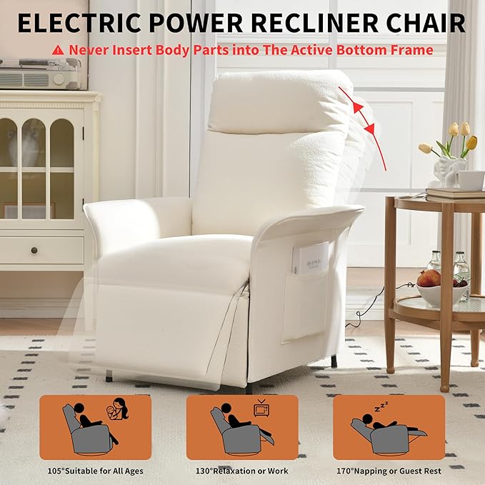 Power Recliner Chair Adjustable Electric Recliner Chairs for Adults Sleeper Sofa Bed with Remote Control &amp Side Pocket Linen Upholstered Chair for Living Room/Bedroom Easy Assembly Beige