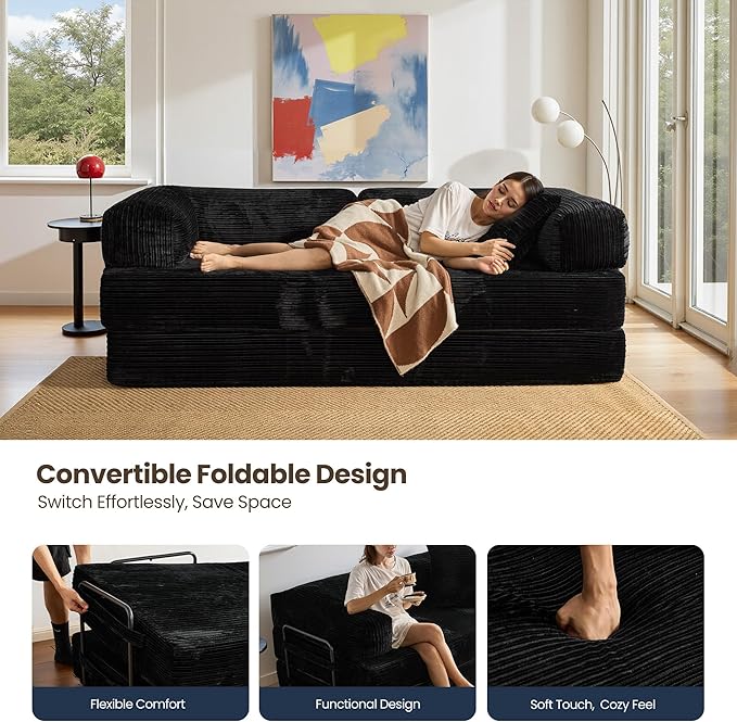4-in-1 Folding Convertible Sofa Bed 81 Boneless Couch with Pillow Back Support Armrest Corduroy Loveseat Sleeper Compression Couch Floor Sofas Futon for Living RoomBlack