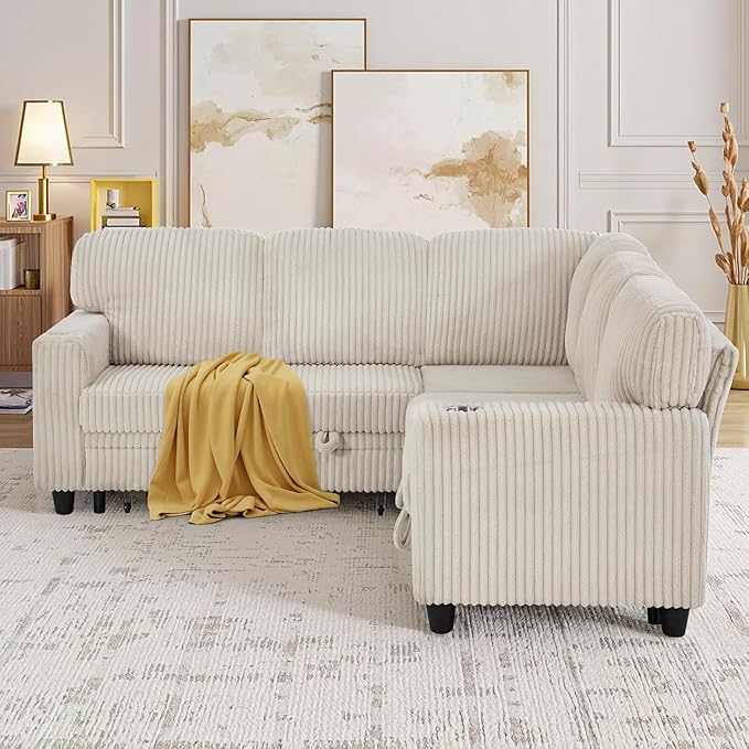 81 Modular Sectional Sofa L Shaped 5-Seater Sleeper Sofa with Pull Out Bed Hidden Storage Cup Holders &amp USB Charging Ports Sectional Couches for Living Room Corduroy Beige