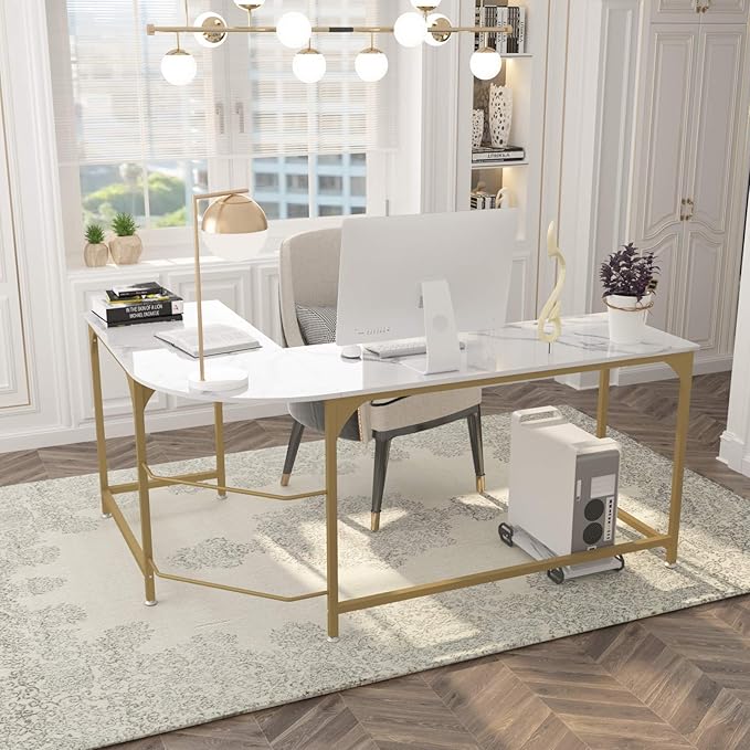 Teraves Reversible L Shaped Desk White - 66.1 Corner Gaming Computer Desk Office Workstation Modern Home Study Writing Table Marble Gold