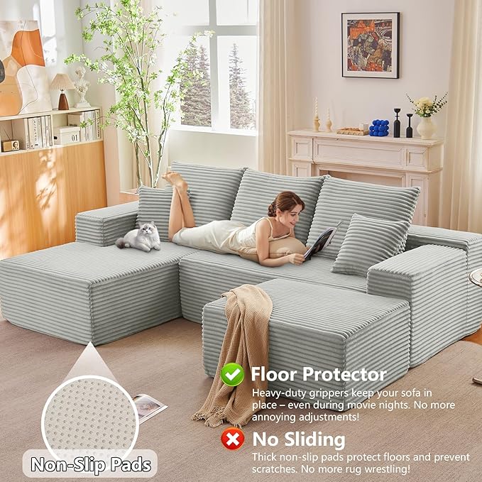 107 Modular Sectional Sofa with Ottoman Modern Corduroy Cloud Couch with Deep Seat Boneless Couch Upholstered 3-Seater U-Shaped Sofa for Living Room No Assembly (Grey Left-Facing Chaise)