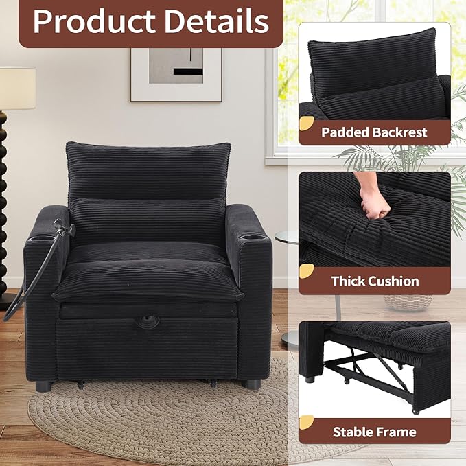 Corduroy Sleeper Sofa Bed with 2 Cup Holders 3-in-1 Convertible Pullout Futon Couch with Phone Holder&ampUSB Charge Port Single Chair with 3-Level Adjustable Backrest for Living Room