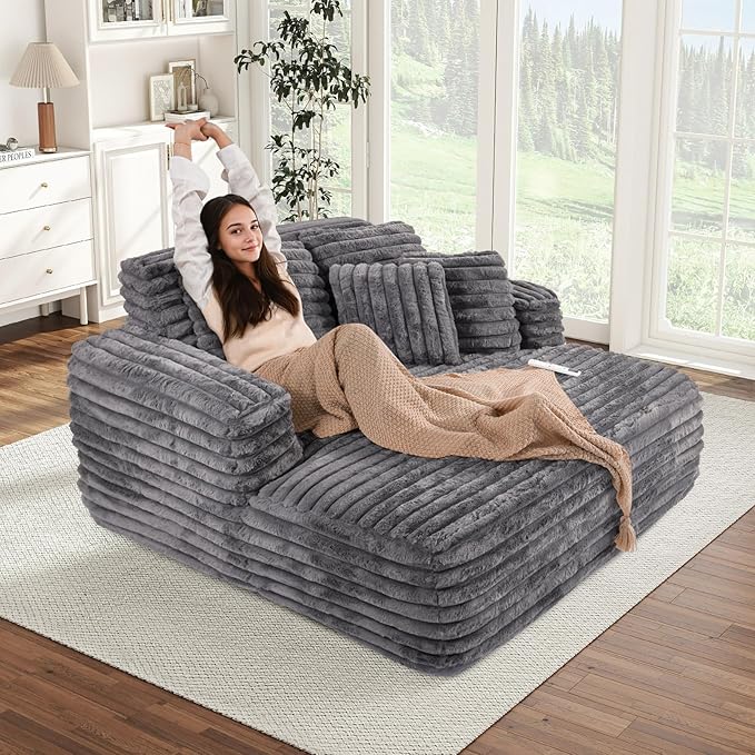 Chaise Lounge Chair Indoor Comfy Corduroy Plush Fluffy Foam Floor Compressed Sofa Chair Leisure Reading Single Sleeper Chaise Chair for Living Room Bedroom Office Pillows Included (Grey)