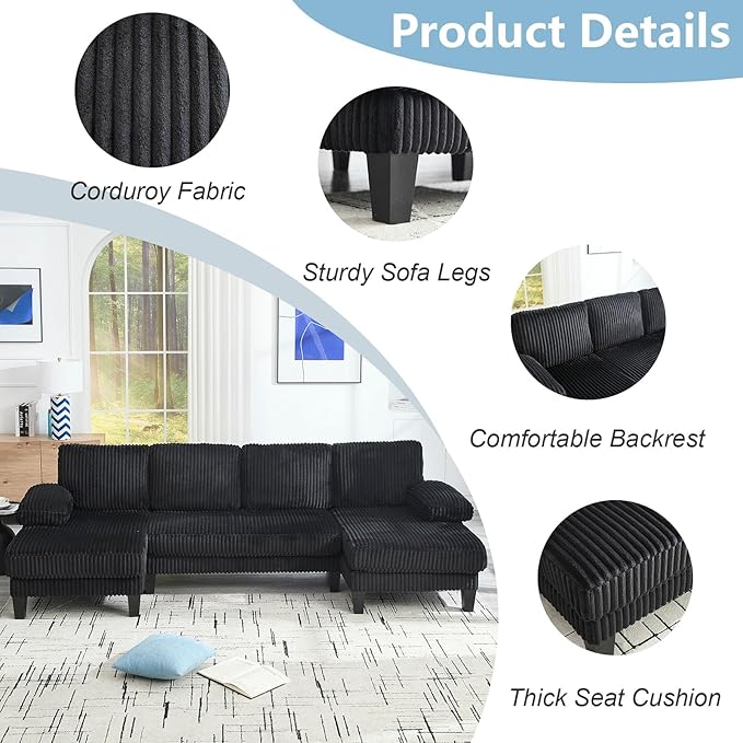 114 Cloud Couch Modular Sectional Sofa Convertible U-Shaped Couches with Double Chaise Lounge Corduroy Upholstery Sofas Double Cushions Deep Seat Sleeper Couchs for Living Room Black
