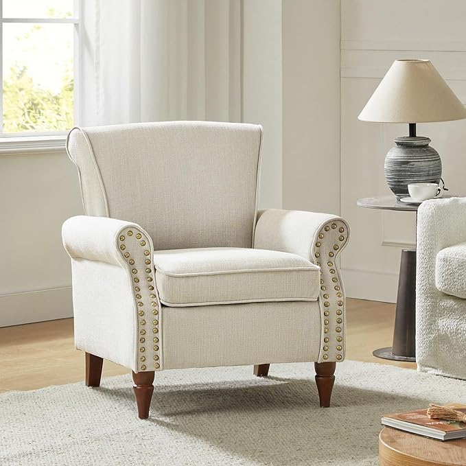 HULALA HOME Accent Chair with Wood Legs &amp Removable Cushion Modern Wingback Armchair with Nailhead Trim Comfy Upholstered Lounge Chair Single Sofa Chairs for Living Room Bedroom Ivory