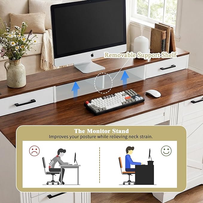 59-Inch Computer Desk with Power OutletsFarmhouse Executive Desk with File Cabinet DrawerLarge Office Desk with 6 Drawers and Desktop Movable ShelvesWriting Study Table for Home Office (White)