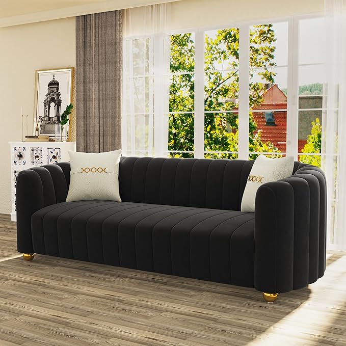 83'' Velvet Sofa for Living Room Modern Comfy Couch 3-Seater Apartment Sofa with 2 Pillows &amp Golden Metal Legs