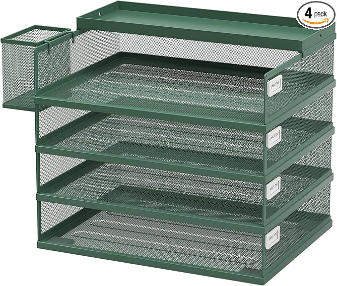 Metal Stackable Letter Trays 4-Tier Desk Organizer &amp Paper Trays for Office Stackable File &amp Document Tray with Magnetic LabelsGreen