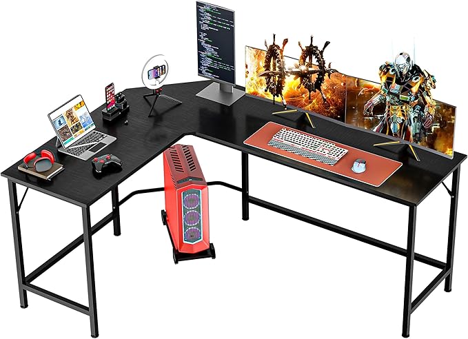 SUPER DEAL 66 L Shaped Gaming Corner Computer Desk with CPU Stand and Foot Rest Bar PC Laptop Study Table Workstation Gaming Desk for Home Office Black