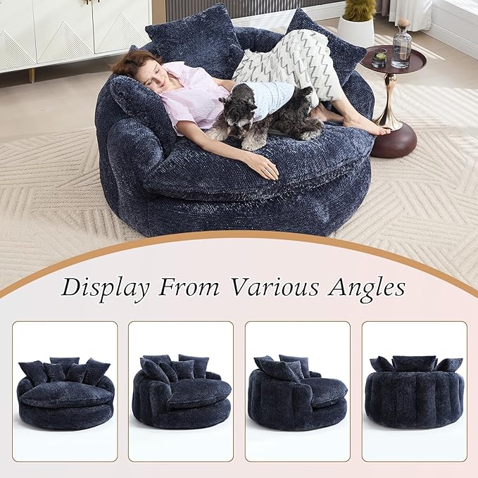 54 Oversized Round Chair Couch Lounge Chaise Indoor Comfy Boneless Sofa for Living Room Cloud Large Circle Couch Chair with 5 Pillows Fluffy Modern Sleeper Sofa Bed for Reading (Blue)