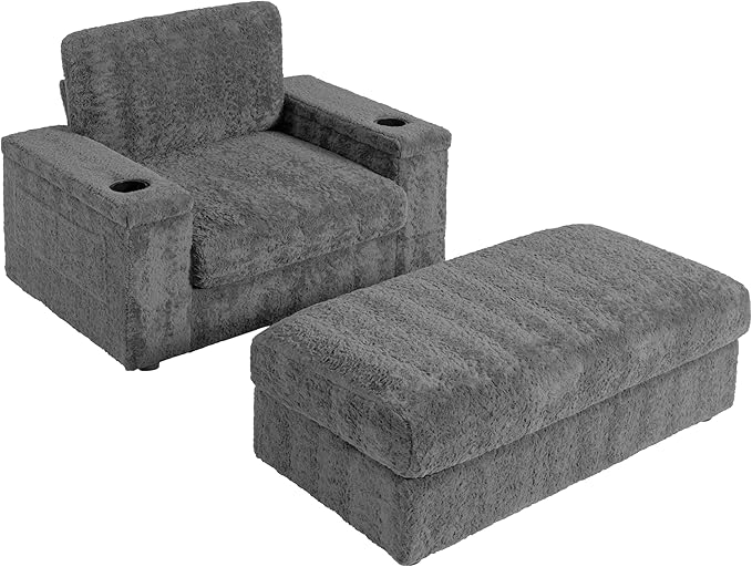 42 Oversized Chaise Lounge Chair Indoor Faux Rabbit Fur Upholstered Sleeper Sofa with Storage Ottoman and Armrests Cup Holders Single Reclining Chair Reading Couch for Living Room (Gray/19)