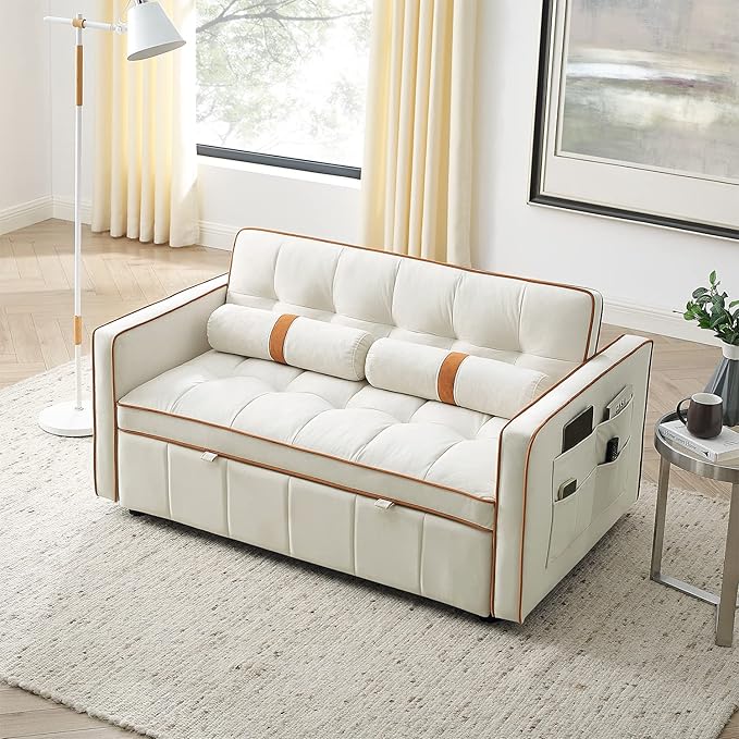 3 in 1 Sleeper Sofa Couch Bed Small Tufted Velvet Convertible Loveseat Futon Sofa w/Pullout Bed Adjustable Backrest Cylinder Pillows for Living Room Apartment Easy to Assemble Beige 55.5