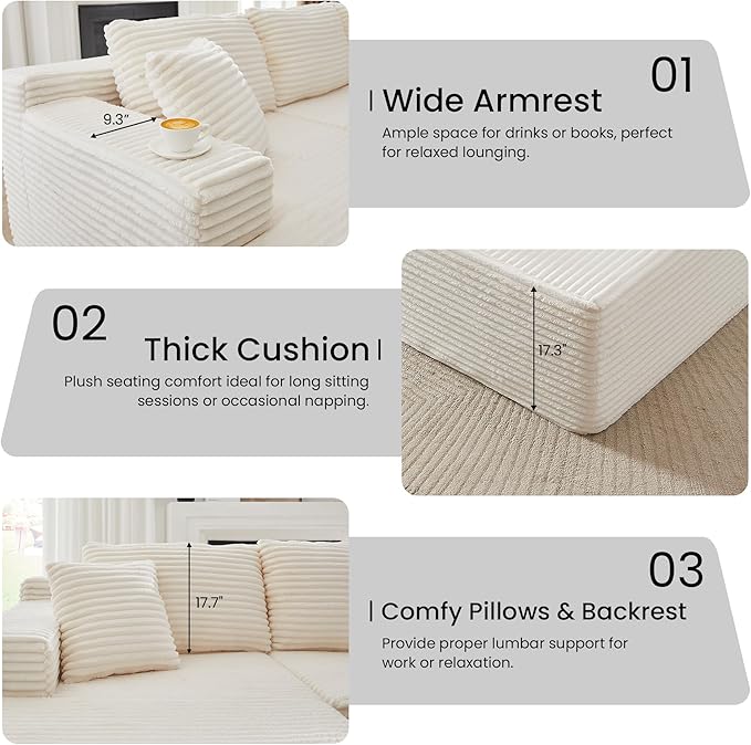 103'' Modular Sectional Sofa with Deep Seat Comfy L Shaped Couch Modern Cloud Couch with Oversized Chaise Corduroy No Assembly Required for Living Room Bedroom Beige