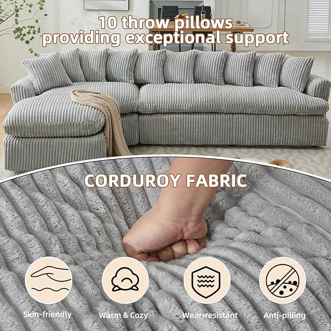 129'' Modern Sectional Sofa4-5 Seater Upholstered Couches with 10 CushionsHigh Density Sponges Cloud Couch L-Shape Left SofaCorduroy Sponge Sofa for Living RoomNo Assembly Required(Gray)
