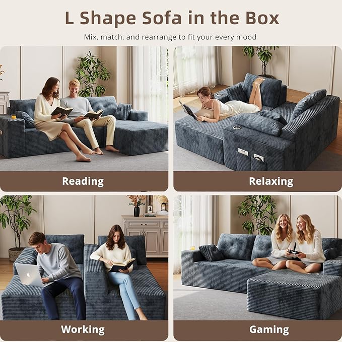 109 Boneless Couches for Living Room Modular Sectional Sofa with Oversized Chaise L-Shape Cloud Couch with Deep Seat (Dark Gray Right Facing Chaise)