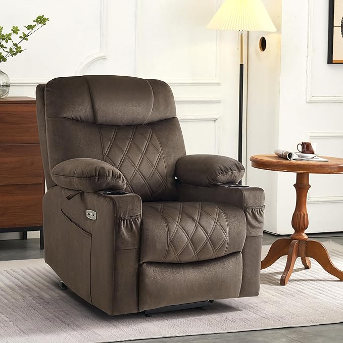 MCombo Small Size Triple Motor Power Lift Recliner Chair Sofa with Massage and Dual Heating Adjustable Headrest for Elderly People Petite USB Ports Extended Footrest Fabric 7222 (Coffee)