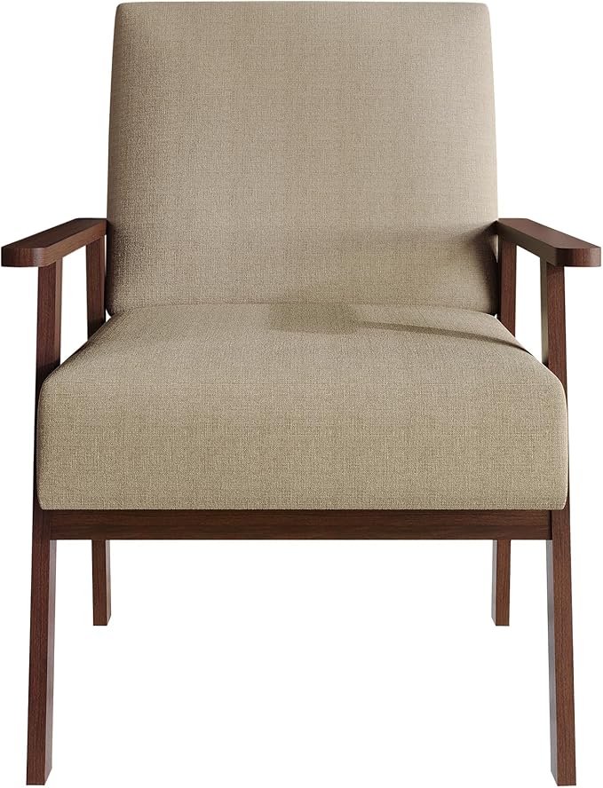 Mid-Century Modern Accent Chair Linen Upholstery Wooden Armrests Cushioned Seat Easy Assembly Beige