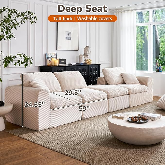108 Cloud Sectional Couches for Living Room Convertible L-Shape Boneless Couch with Ottoman 4 Seater Modular Cloud Sofa with Deep Seat (Beige3 Seater + 1 Ottoman)
