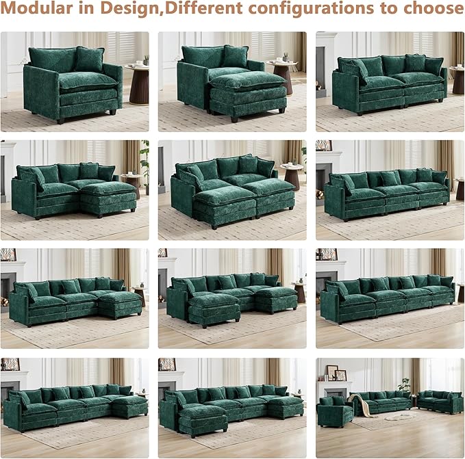 Aoowow Chenille U Shaped Sofas with Deep SeatModular Sectional 4 Seater Cloud Couch with Ottoman Set for Living Room149.6 Fluffy U-Shaped Corner Couches with Chaise Lounges (Green 4+2)