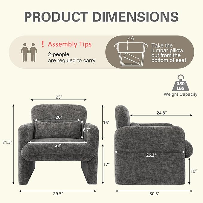 LSSPAID Modern Accent Chairs Chenille Fabric Armchairs for Living Room Comfy Upholstered Leisure Single Sofa Chair with Lumbar Pillow for Bedroom Balcony Office (Charcoal Set of 1)