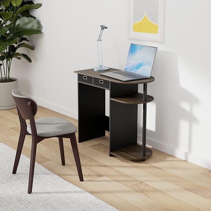 Furinno GO GREEN Desk 31.5 Wide Gaming Desk with 2 Side Shelves and Storage Bins Computer Desk Office Desk for Home Office Study Room Dorm Bedroom Columbia Walnut