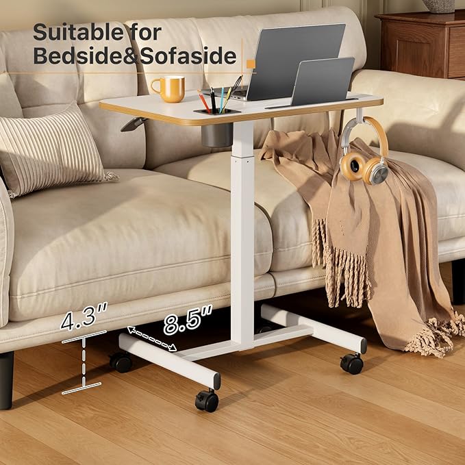 Mobile Standing Desk Rolling Laptop Cart Adjustable Height with Cup Holder 28 inch Portable Table with 4 Lockable Wheels White Computer Workstation with Hook and Slots for Home Office