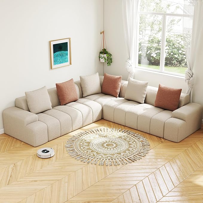 Cloud Modular Sectional Sofa Couch 108 V Shaped Chenille Fabric Memory Foam Sofa 5-Seater Couches with 6 Pillows for Living RoomApartmentBeige