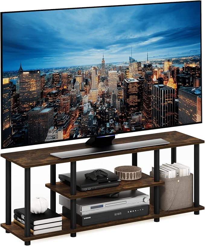 Furinno Turn-N-Tube No Tools 3D 3-Tier Entertainment Stand up to 50 inch TV Amber Pine/Black