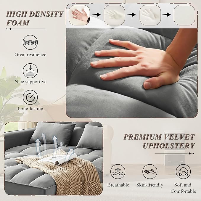3 in 1 Convertible Sleeper Sofa Bed Futon Couches for Living Room with Side Pocket/Adjustable Backrest Velvet Upholstered Pull Out Couch Small Loveseat Sofa Bed for Bedroom Office Small Spaces