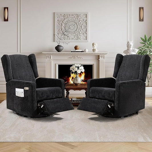 Power Recliner Chair Set of 2 for Adults Electric Nursery Rocking Glider Chair with USB and Type-C Ports Chenille Wide Swivel Rocker for Living Room Bedroom (Black)