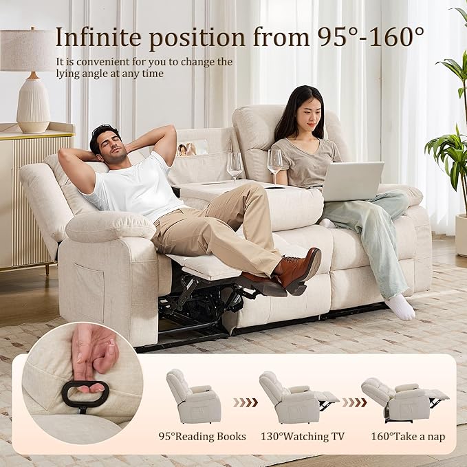 Recliner Sofa Reclining Loveseat with Console Oversized Reclining Couch with Drop Down Table 3-Seater Sofa with Cup Holder and Recessed Power Strip Beige