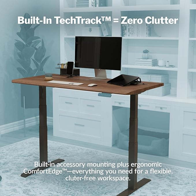 Vari ComfortEdge 60x30 Inch Adjustable Electric Standing Desk with TechTrack – Sit Stand VariDesk with Memory Presets Included Phone Stand &amp Shelf 200 LB Capacity Tool-Free Assembly (Walnut)