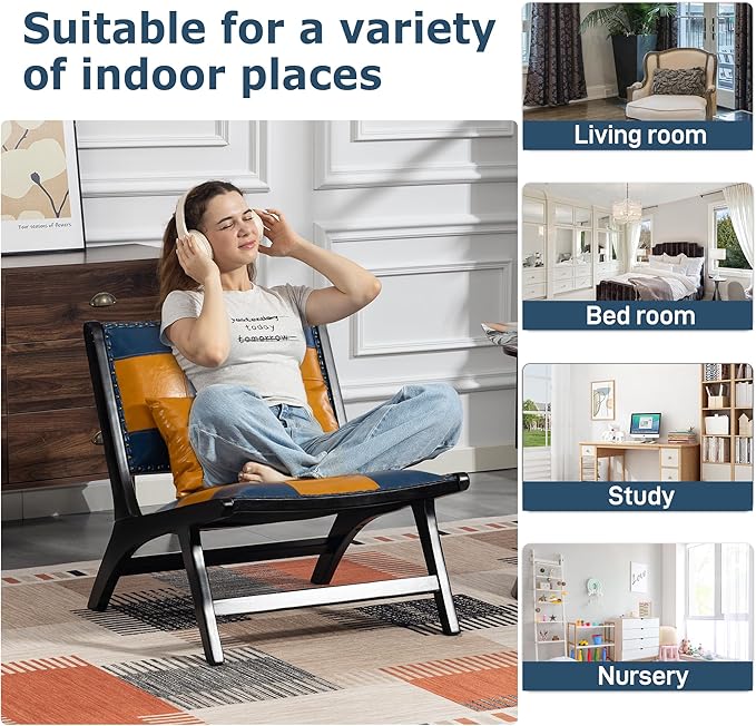 Accent Chair Modern Comfy Genuine Leather Armless Mid-Century Anthropologie Accent Chairs Lounge Arm Chair with Solid Wood Floral Pattern Sofa Chair for Living Room/Office/Balcony/Bedroom