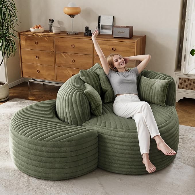 50 Oversized Chaise Lounge Indoor Round Reading Chair Lounge Chair with Ottoman Boneless Sofa Bed Large Fluffy Plush Corduroy Chaise Chair for Living Room Playroom Bedroom Green
