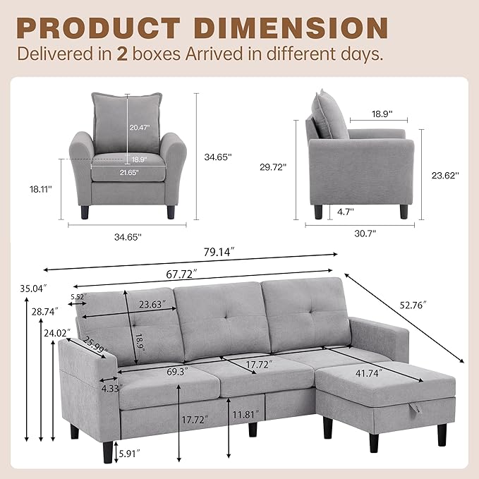 3 Piece Living Room Sofa Sets Modern 3 Seater Sofa with Storage Ottoman and 2 PSC Armchair Couch Sets Easy Assembly Modern 5 Seat Sectional Couches for Living Room Office Light Grey