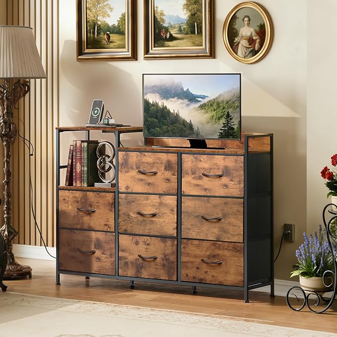TV Stand with Charging Station Entertainment Center with 8 Fabric Drawer TV Media Console Table Open Storage Shelves Wood Top for Living Room Hallway Rustic Brown