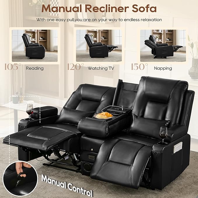 URRED Manual Reclining Loveseat Sofa with Console Double Recliner RV Couch with Bluetooth Speakers USB &amp Power Outlet Cup Holders Pillow and Side Pocket for Home Theater Faux Leather Black
